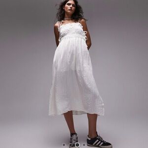 Topshop White Smocked Tie-Shoulder Midi Dress